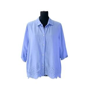 BeachLunchLounge Breathable Lightweight Blue Eyelet Lace Button Front Blouse L